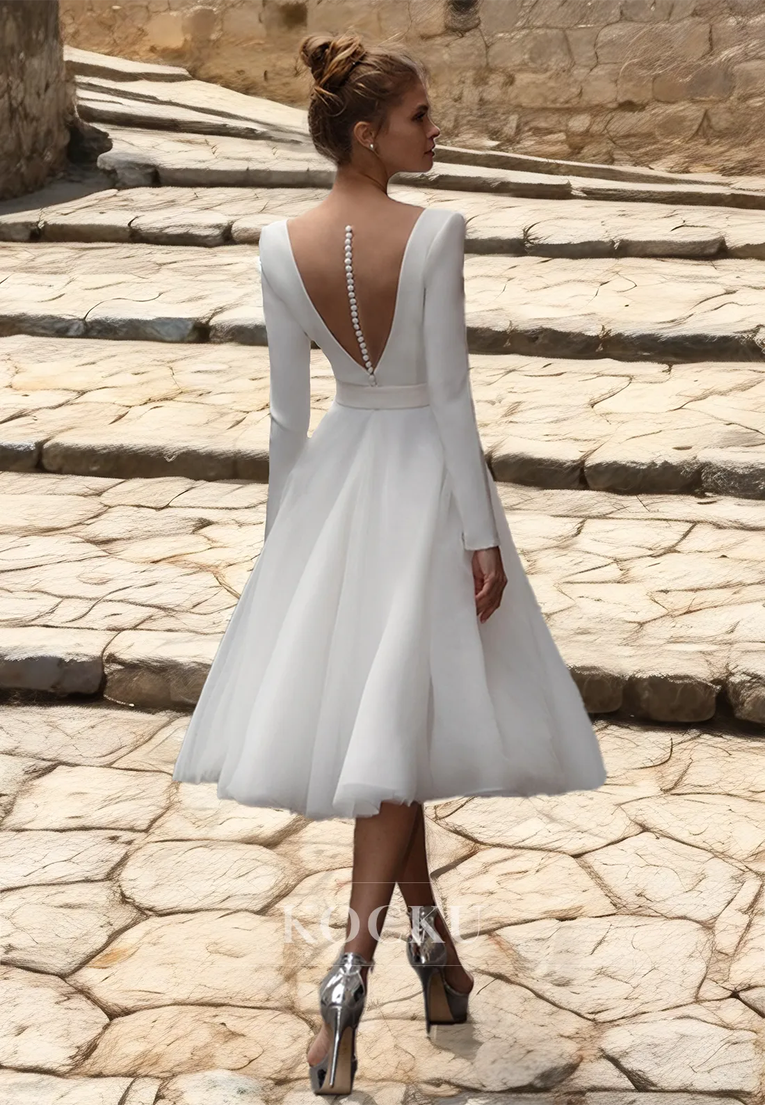 A-Line V-Neck Long Sleeves Tea-Length Pleats Beach Wedding Dress with Belt Boho Gowns