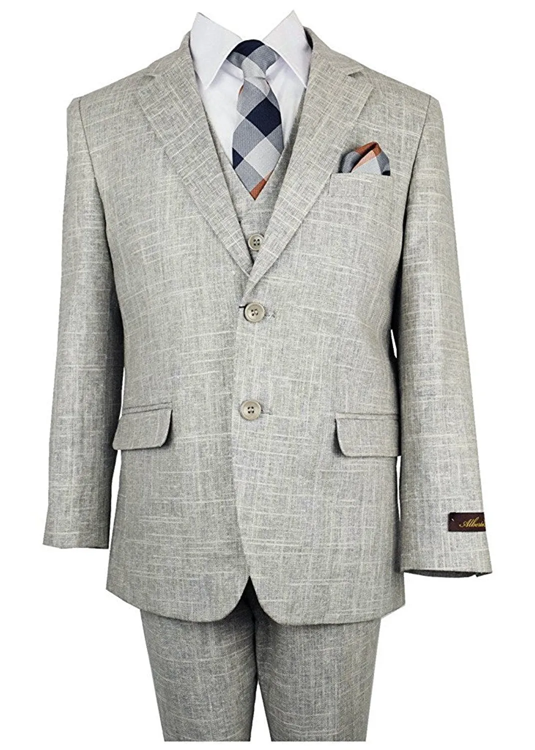 Alberto Boy's Regular Fit Formal 5 Piece Linen Suit Set with Shirt, Vest, Hanky, Tie - CLEARANCE, FINAL SALE!