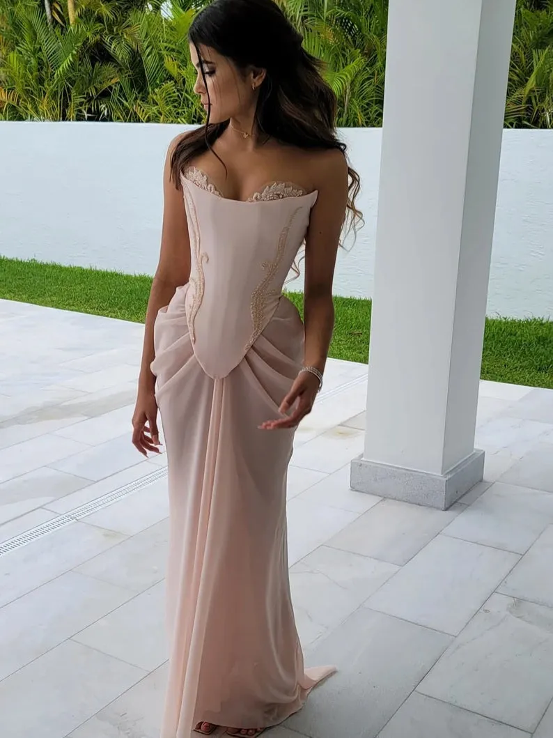 Amozae-nye outfits back to school dress  Pink Embellished Corset Draped Mesh Maxi Dress