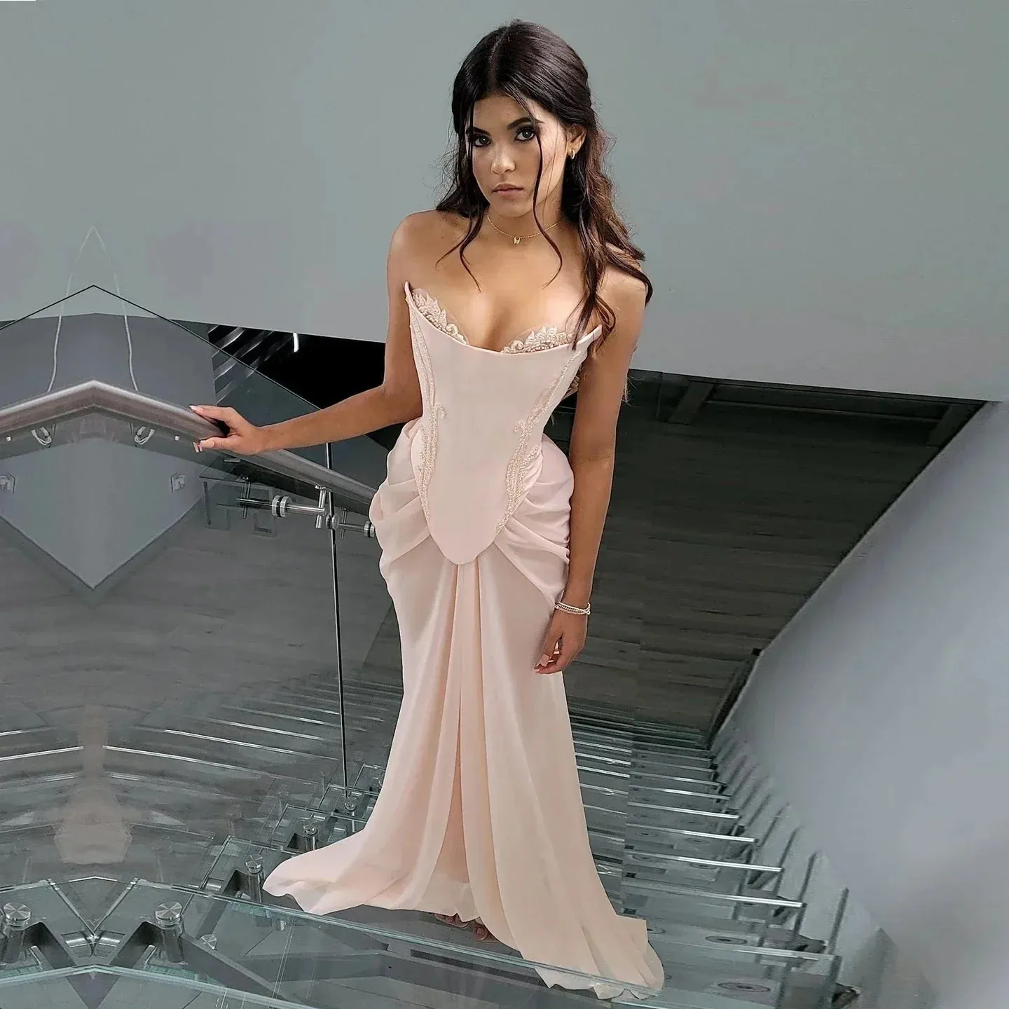 Amozae-nye outfits back to school dress  Pink Embellished Corset Draped Mesh Maxi Dress