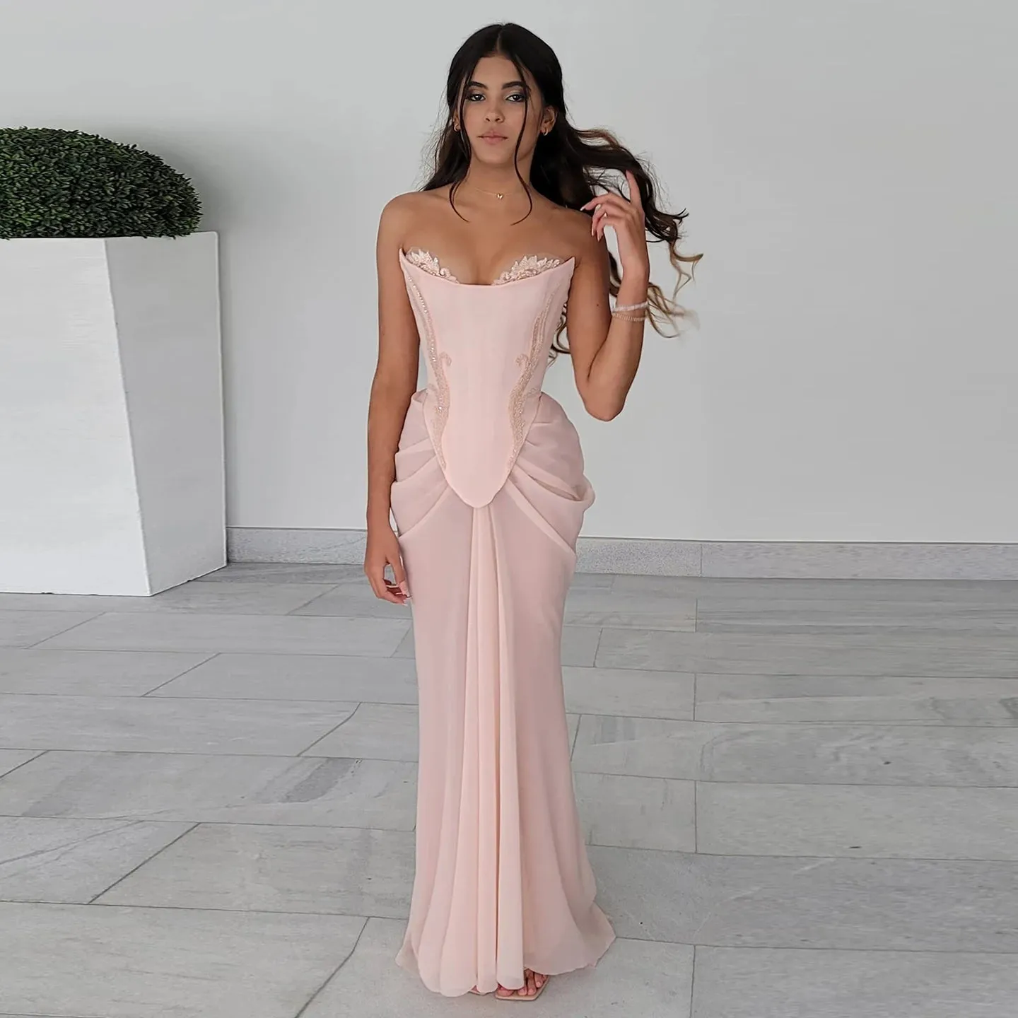 Amozae-nye outfits back to school dress  Pink Embellished Corset Draped Mesh Maxi Dress
