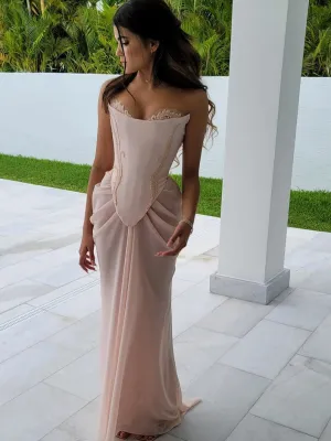 Amozae-nye outfits back to school dress  Pink Embellished Corset Draped Mesh Maxi Dress