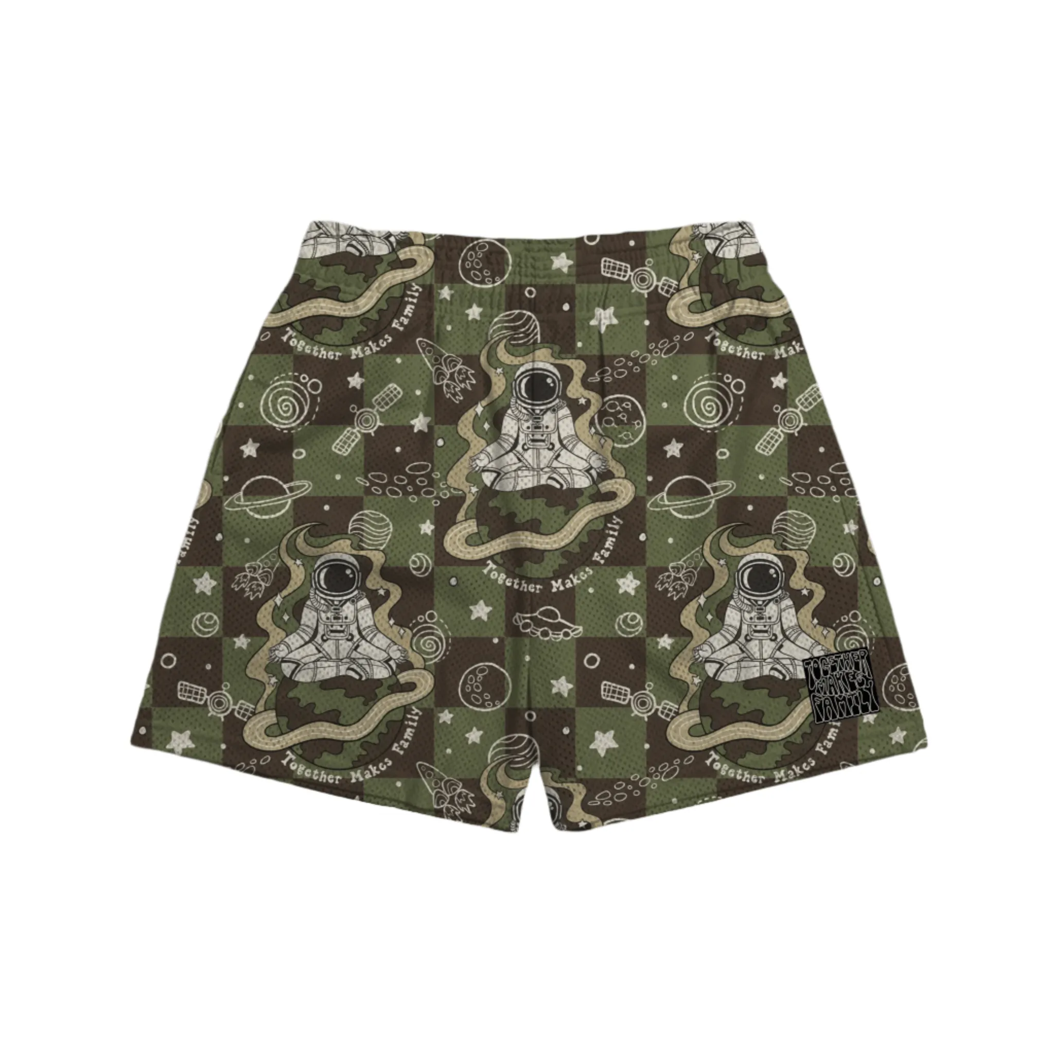 Athletic Mesh Shorts in Green & Brown Spaceman