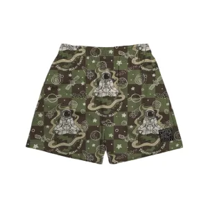 Athletic Mesh Shorts in Green & Brown Spaceman