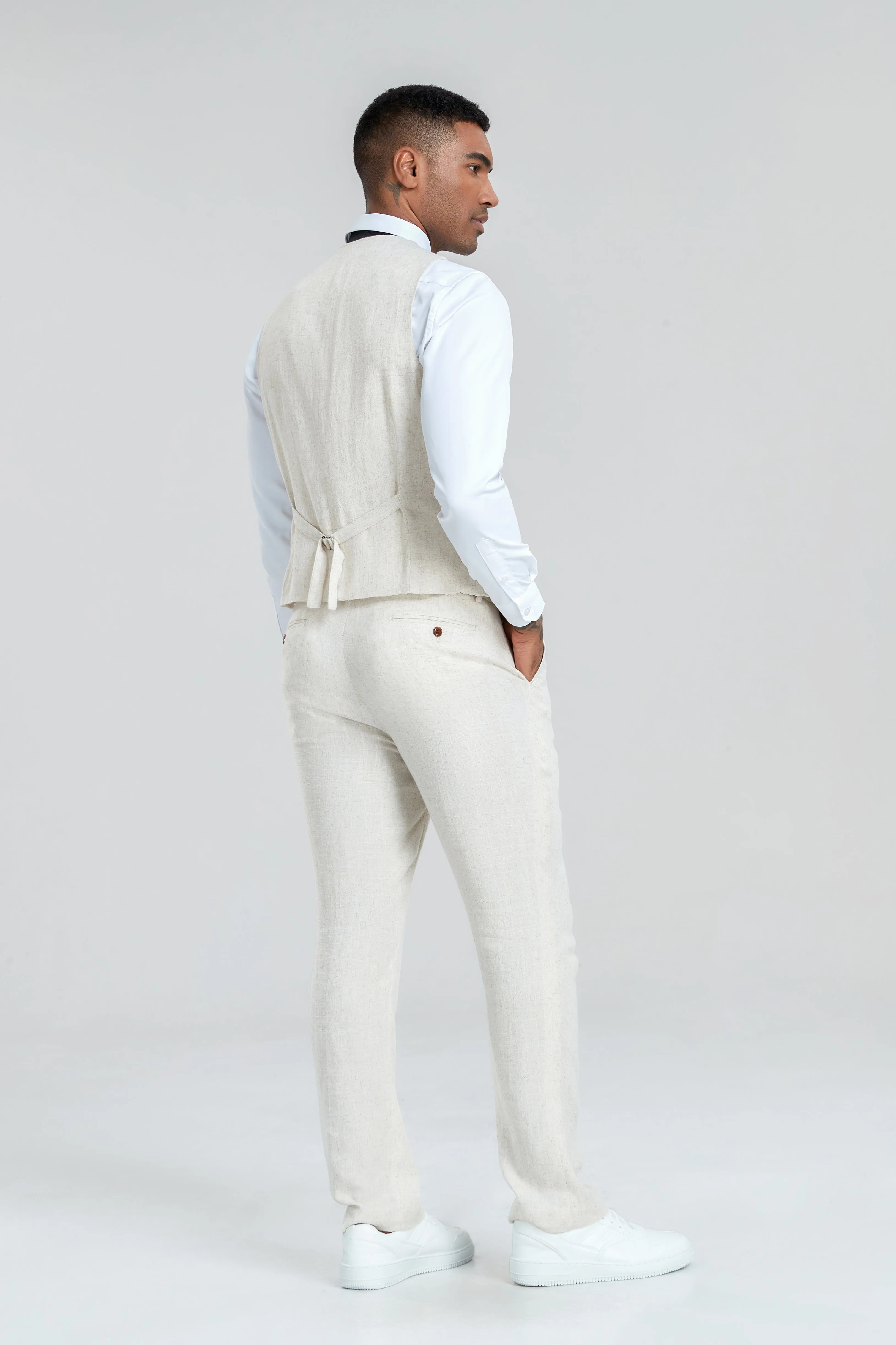 Beige Retro Linen Beach Wedding Summer 3 Pieces Men Suits