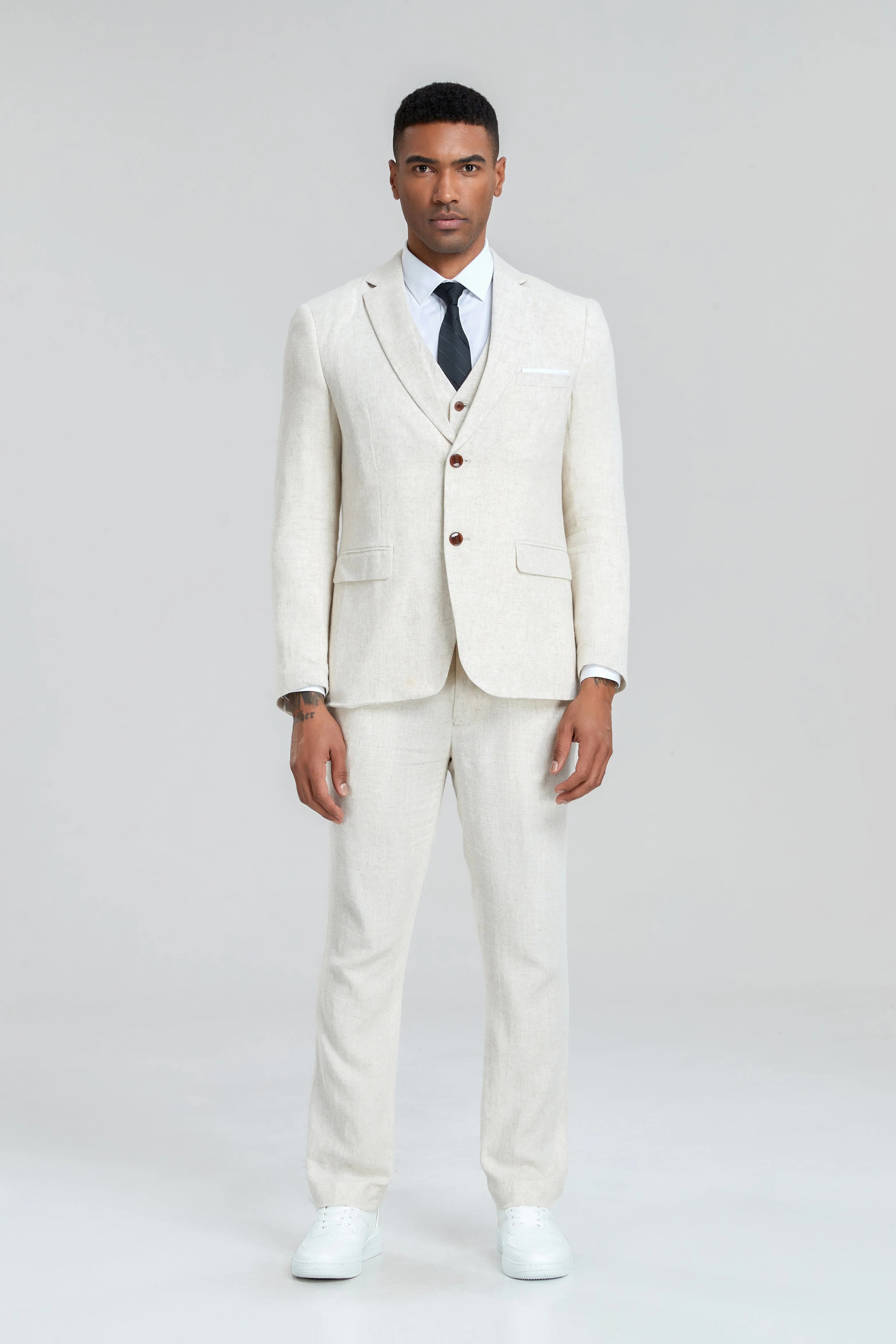 Beige Retro Linen Beach Wedding Summer 3 Pieces Men Suits