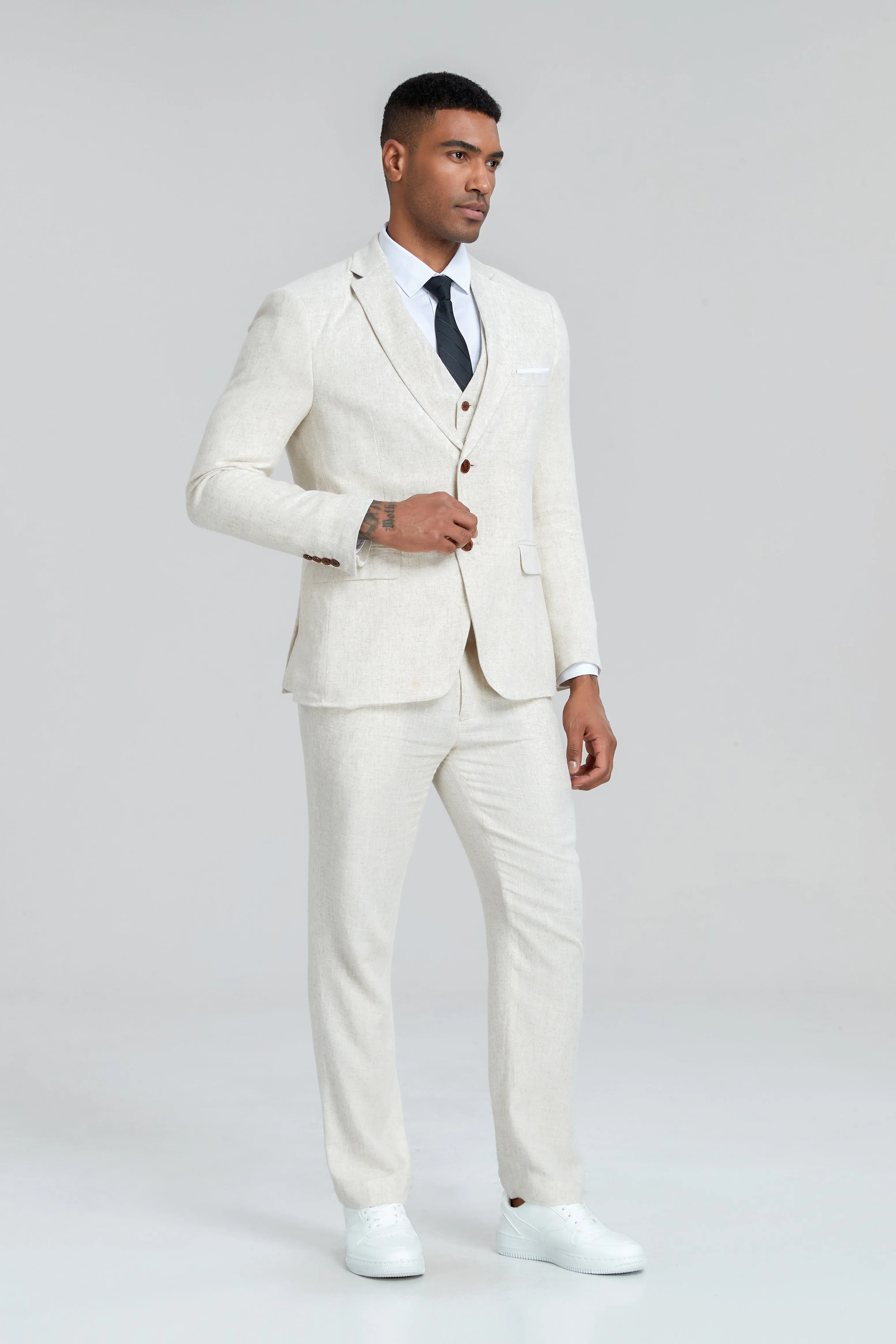 Beige Retro Linen Beach Wedding Summer 3 Pieces Men Suits