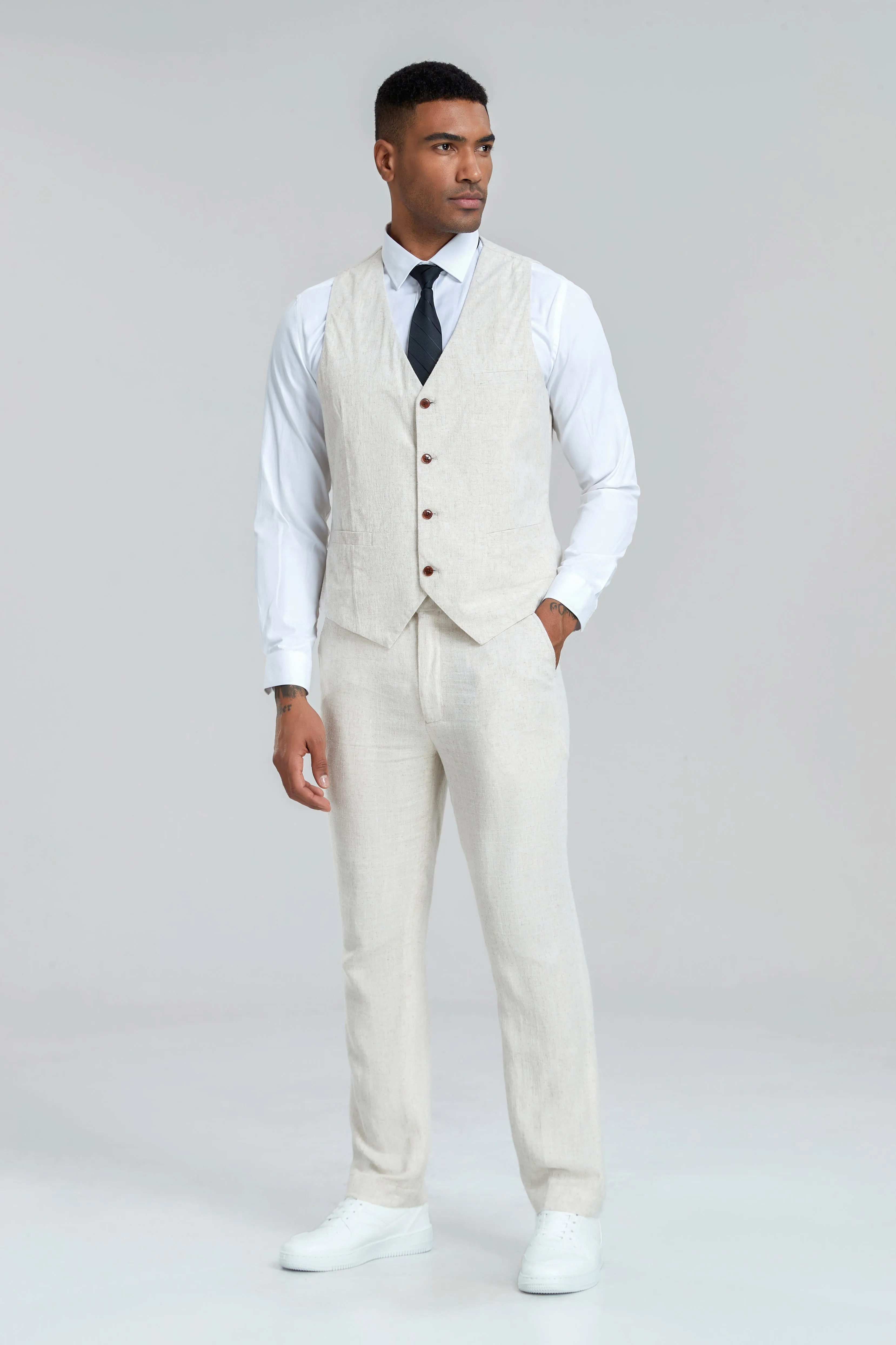Beige Retro Linen Beach Wedding Summer 3 Pieces Men Suits