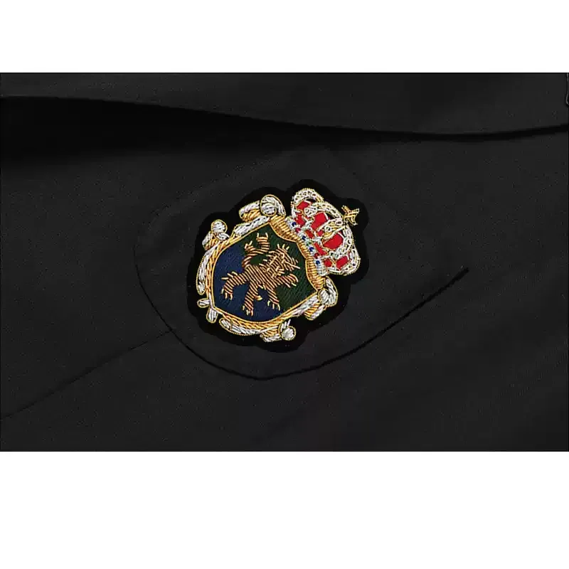 Black Wool Blazer with Gold Crest Patch and Two Button Closure – Single Breasted Blazer for Men Plus Size