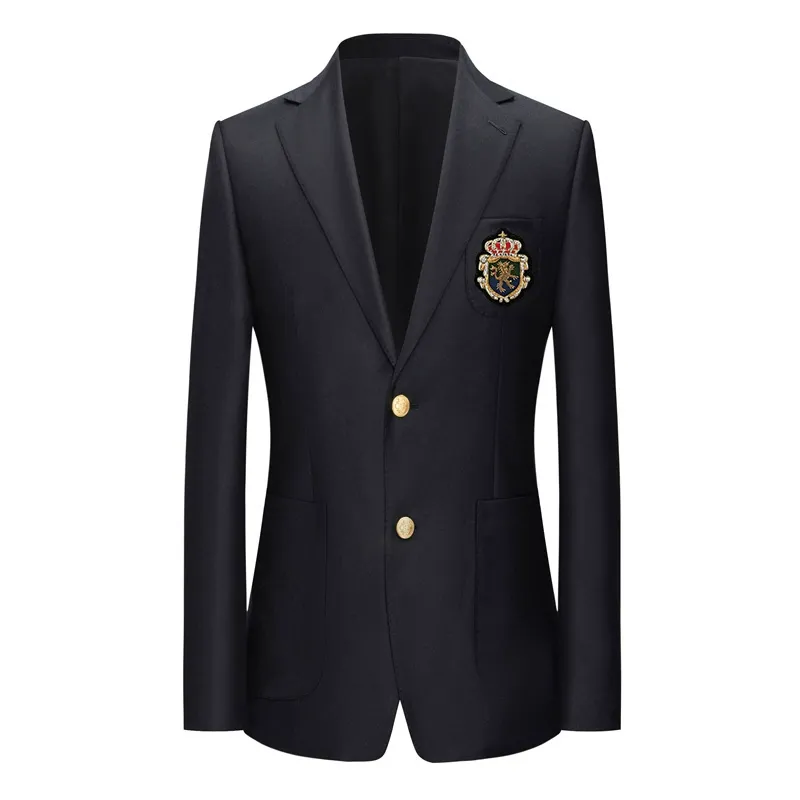 Black Wool Blazer with Gold Crest Patch and Two Button Closure – Single Breasted Blazer for Men Plus Size