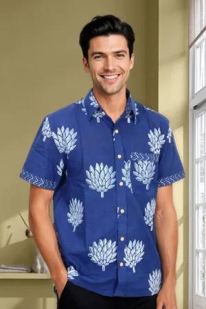 Blue Half Sleeve Indigo Hand Block Print Cotton Shirt 10074410