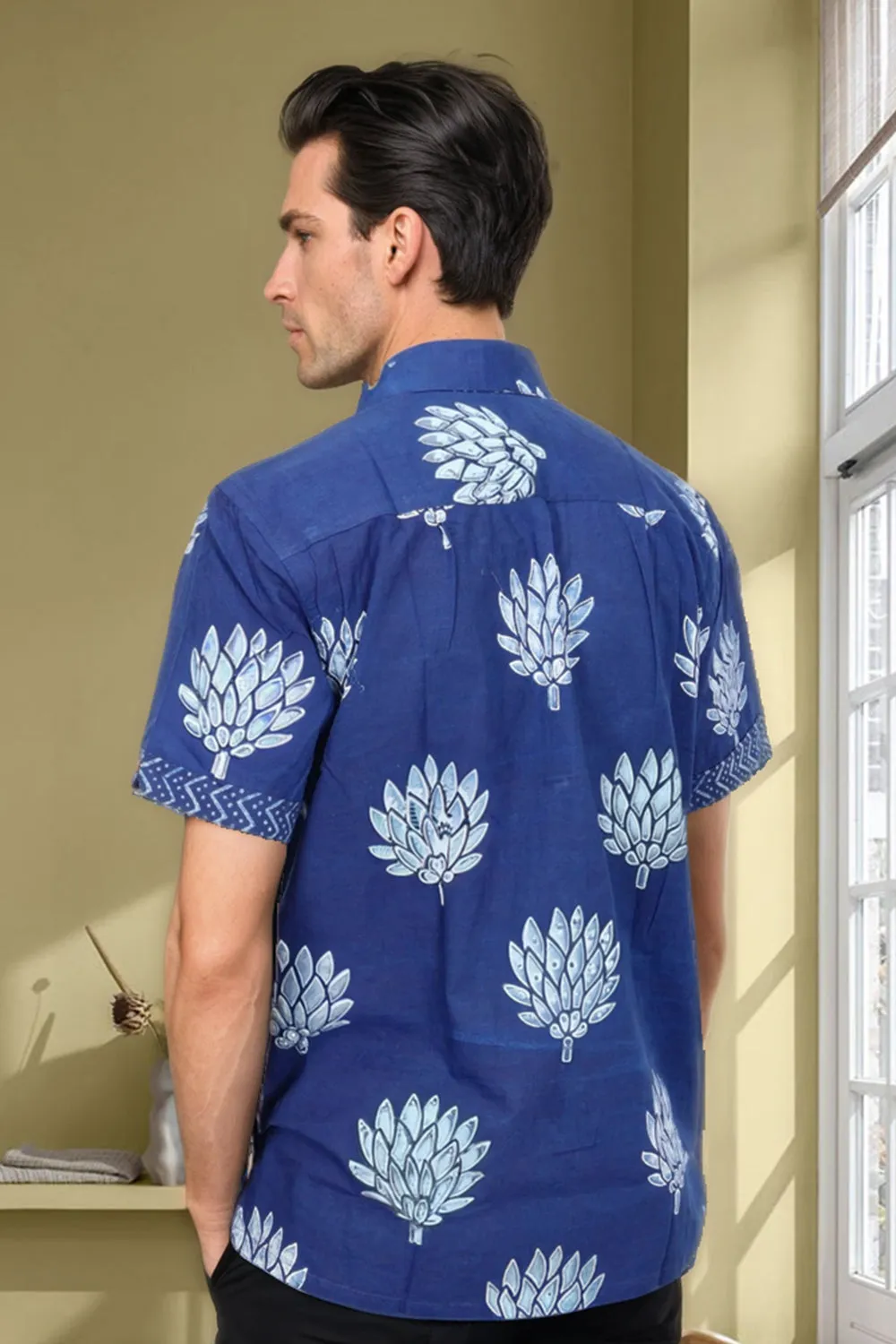 Blue Half Sleeve Indigo Hand Block Print Cotton Shirt 10074410