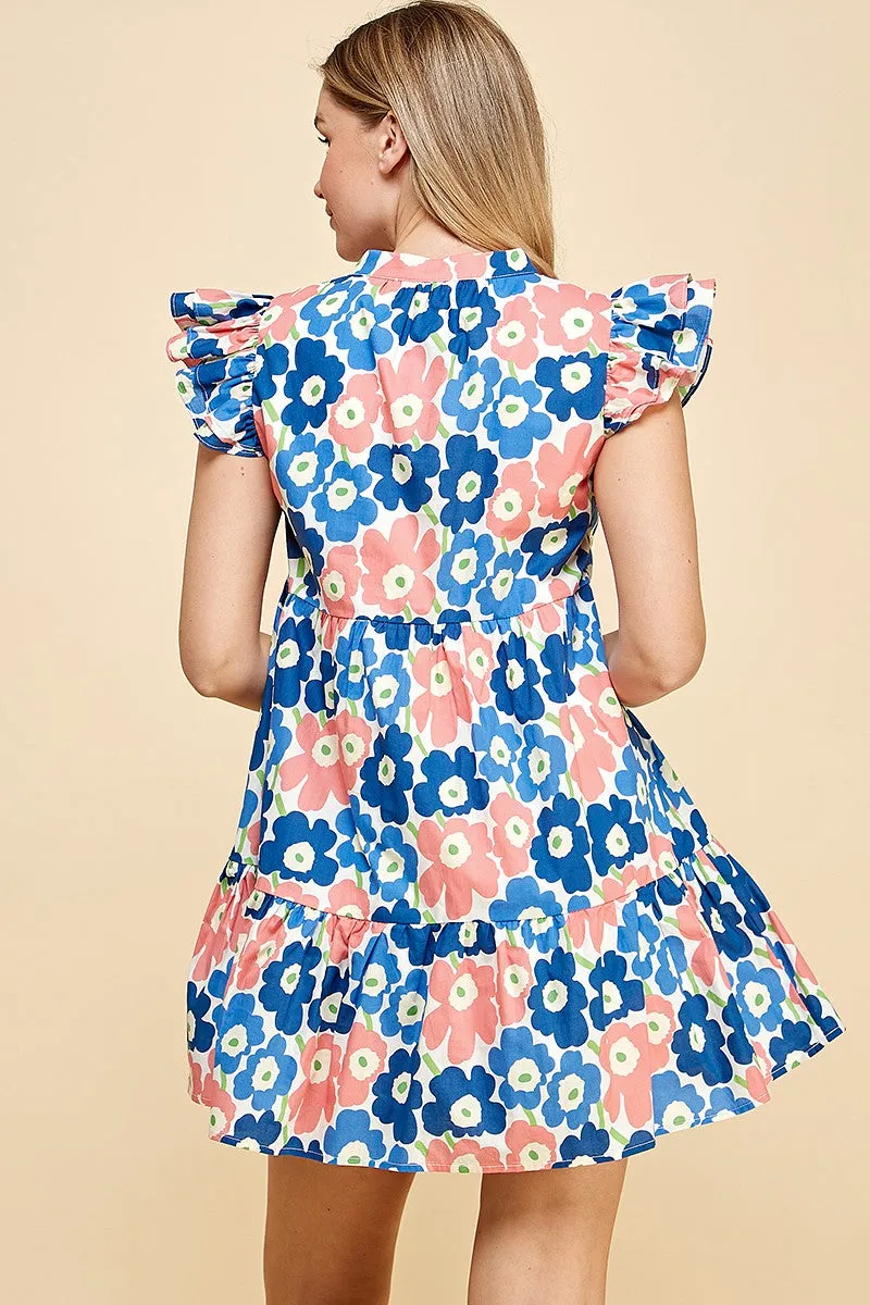 Blue/Coral Floral Print Dress W/ Ruffle Sleeve
