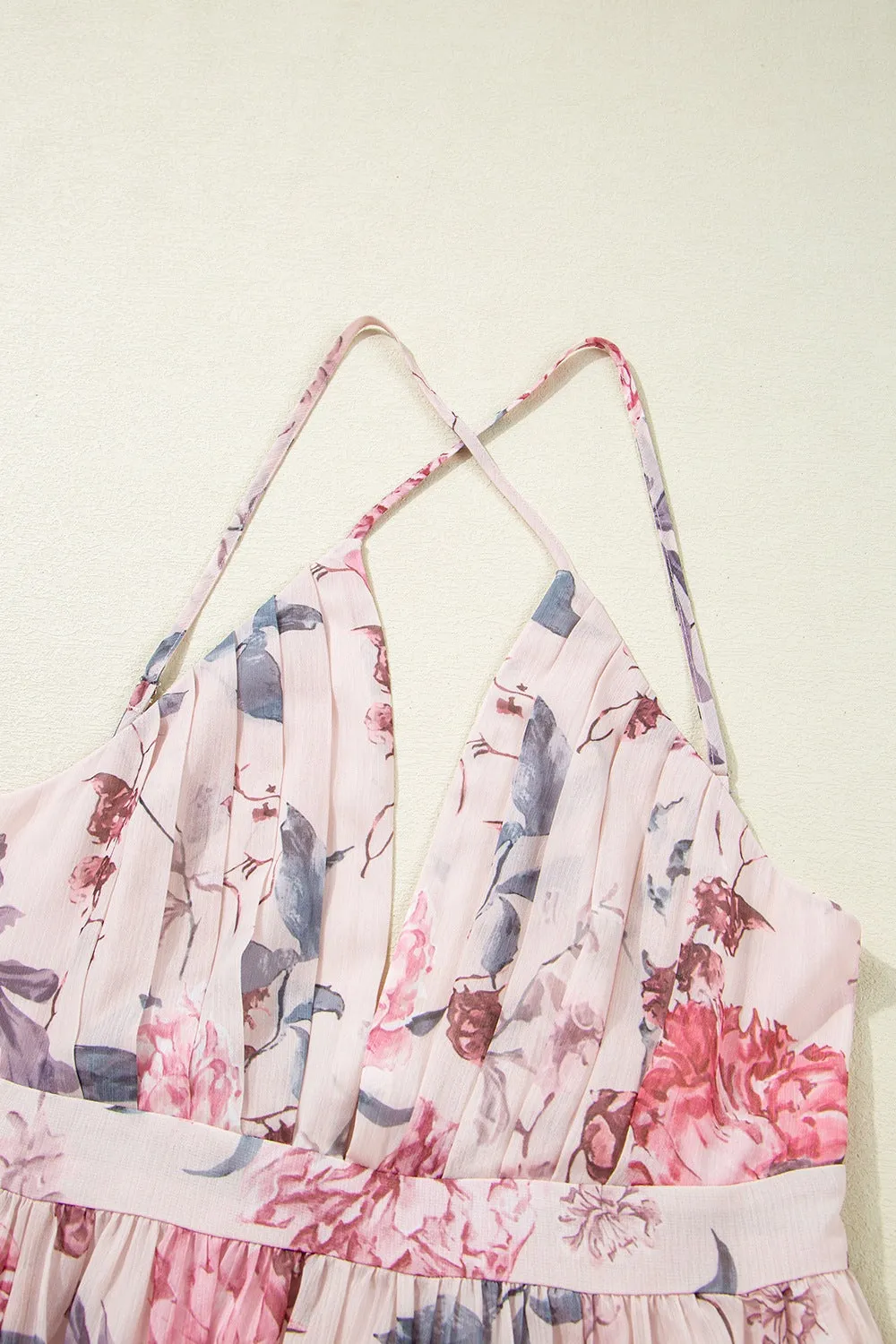 Floral Pleated Deep V Backless Maxi Dress