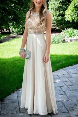 Flowy Elegant Beading Ivory Long A-line Chiffon Prom Dress