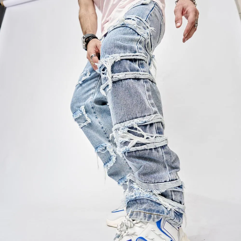 Full Length Patched Straight Fit Hip Hop Street Jeans