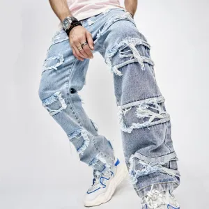 Full Length Patched Straight Fit Hip Hop Street Jeans