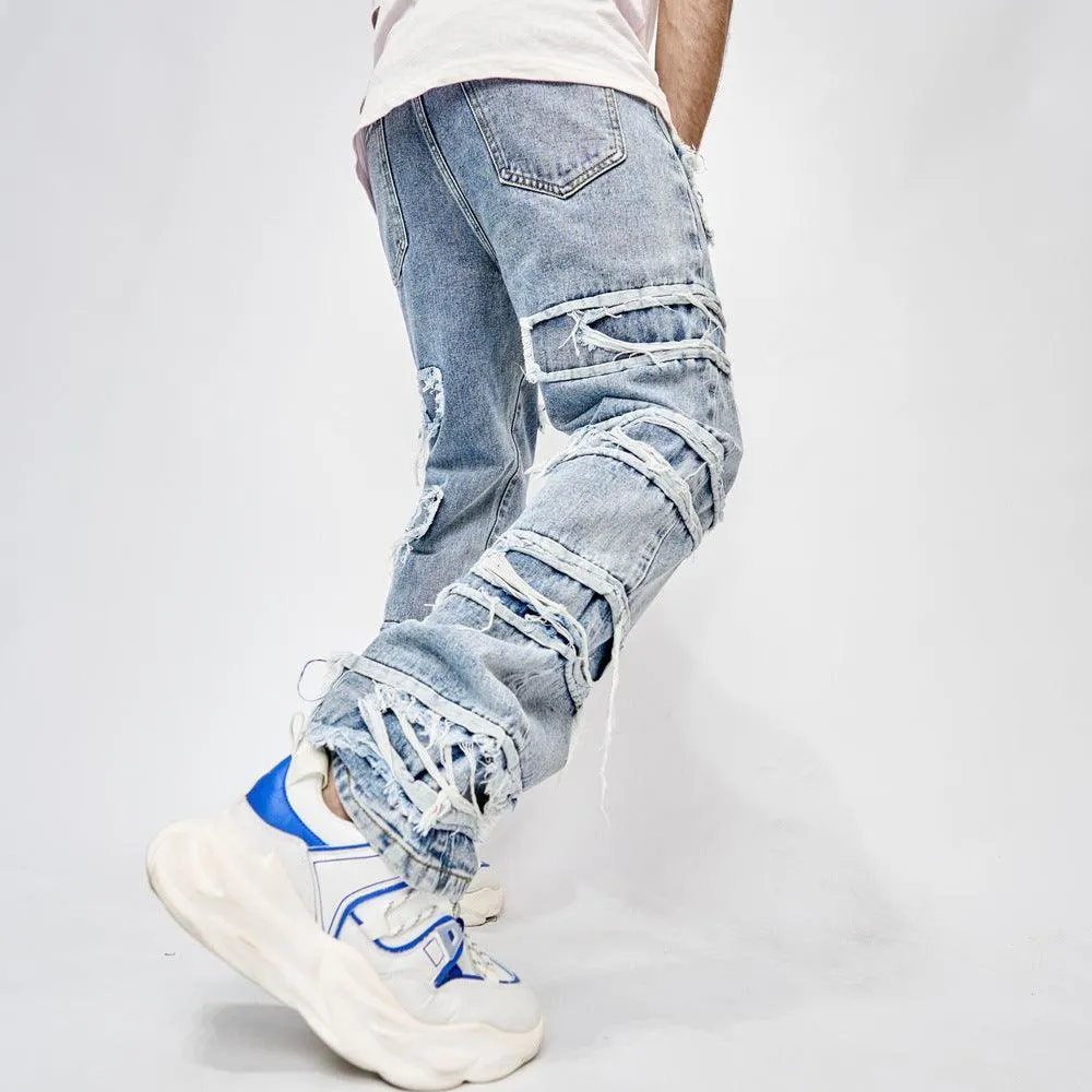 Full Length Patched Straight Fit Hip Hop Street Jeans