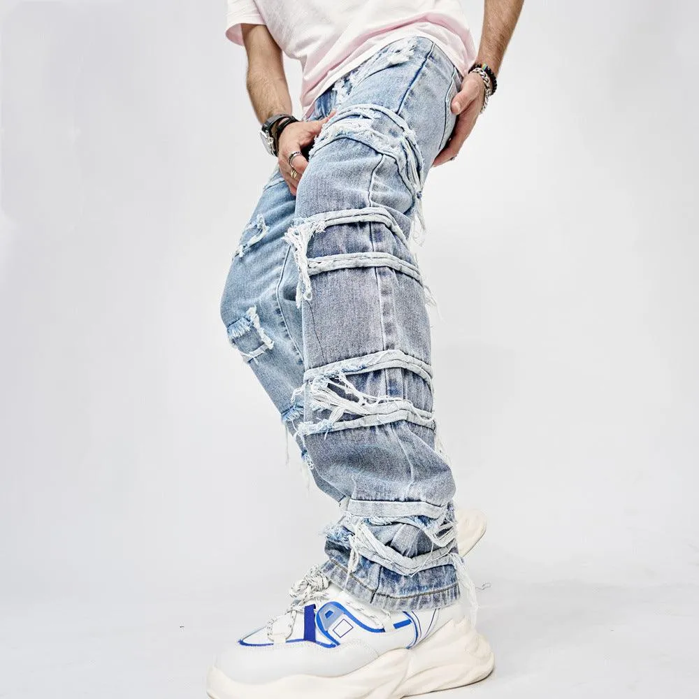 Full Length Patched Straight Fit Hip Hop Street Jeans