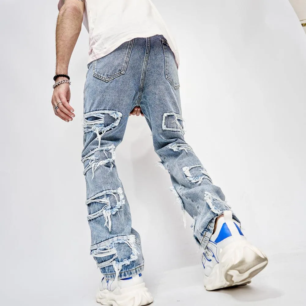 Full Length Patched Straight Fit Hip Hop Street Jeans