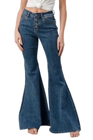 Grace In LA Women's Mid-Rise Flare Buttons Jeans