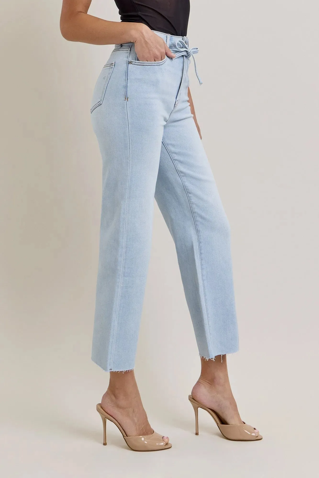 HIDDEN High Rise Light Wash Tie Waist Jean