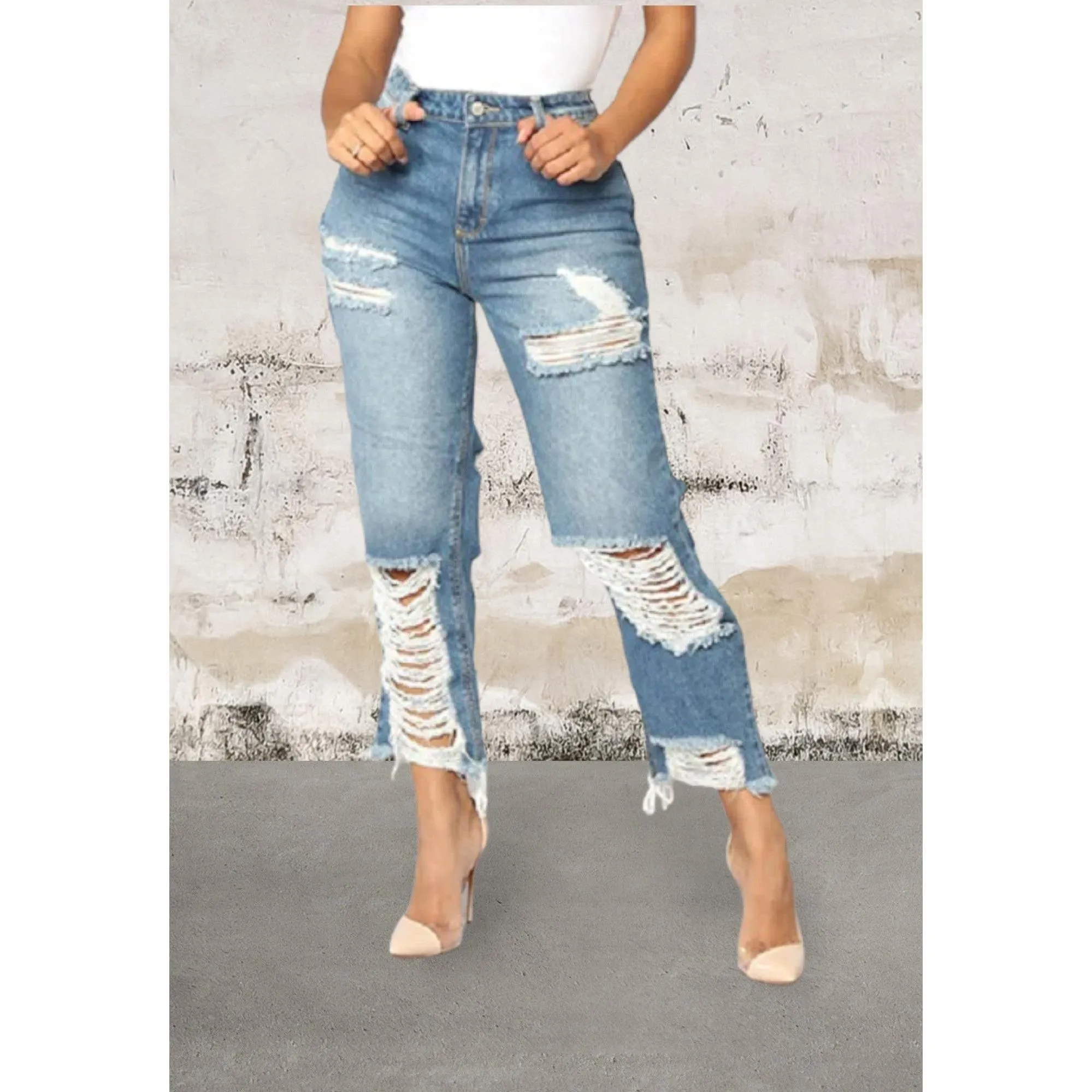 Light bule distressed stylish cut denim jeans