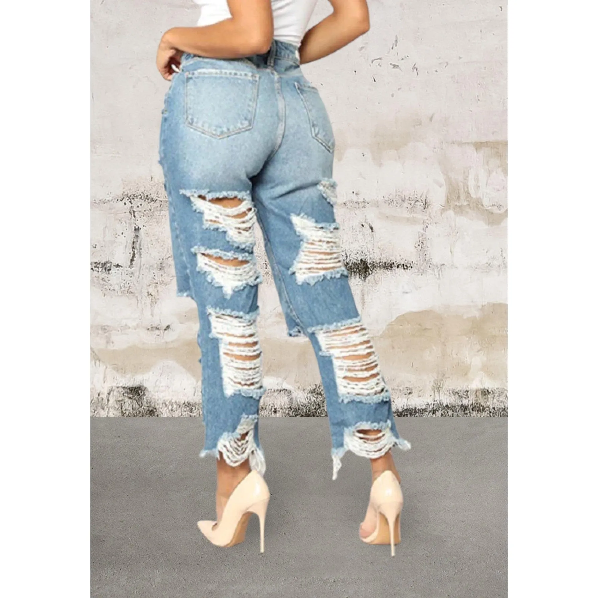 Light bule distressed stylish cut denim jeans