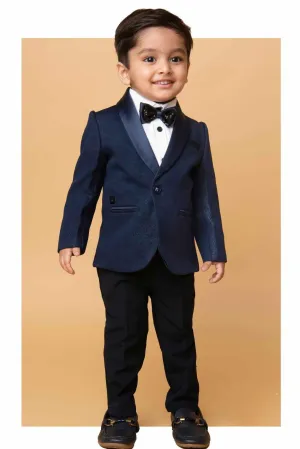 Little Collar's Navy Blue Tuxedo Suit With Bow For Boys