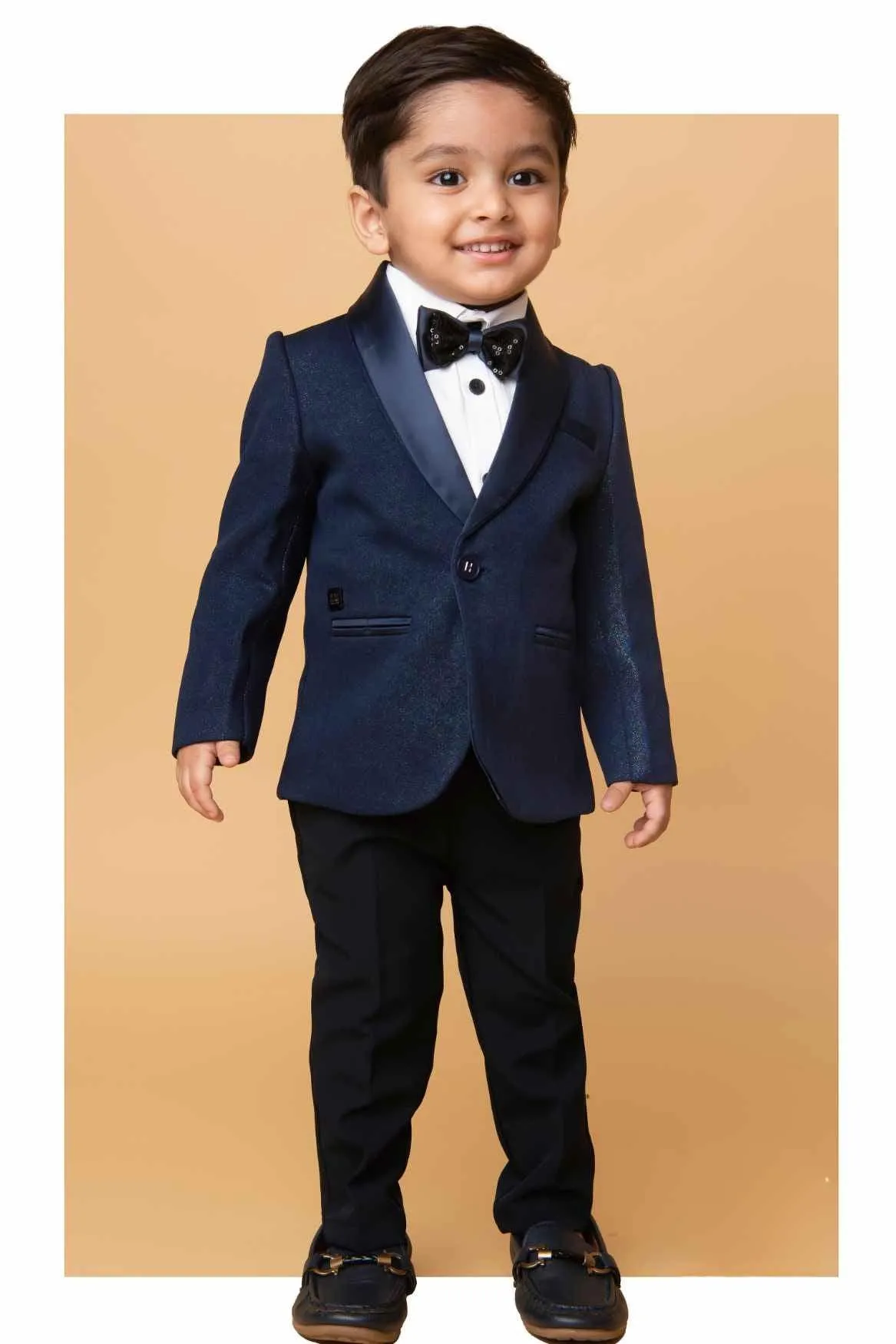 Little Collar's Navy Blue Tuxedo Suit With Bow For Boys