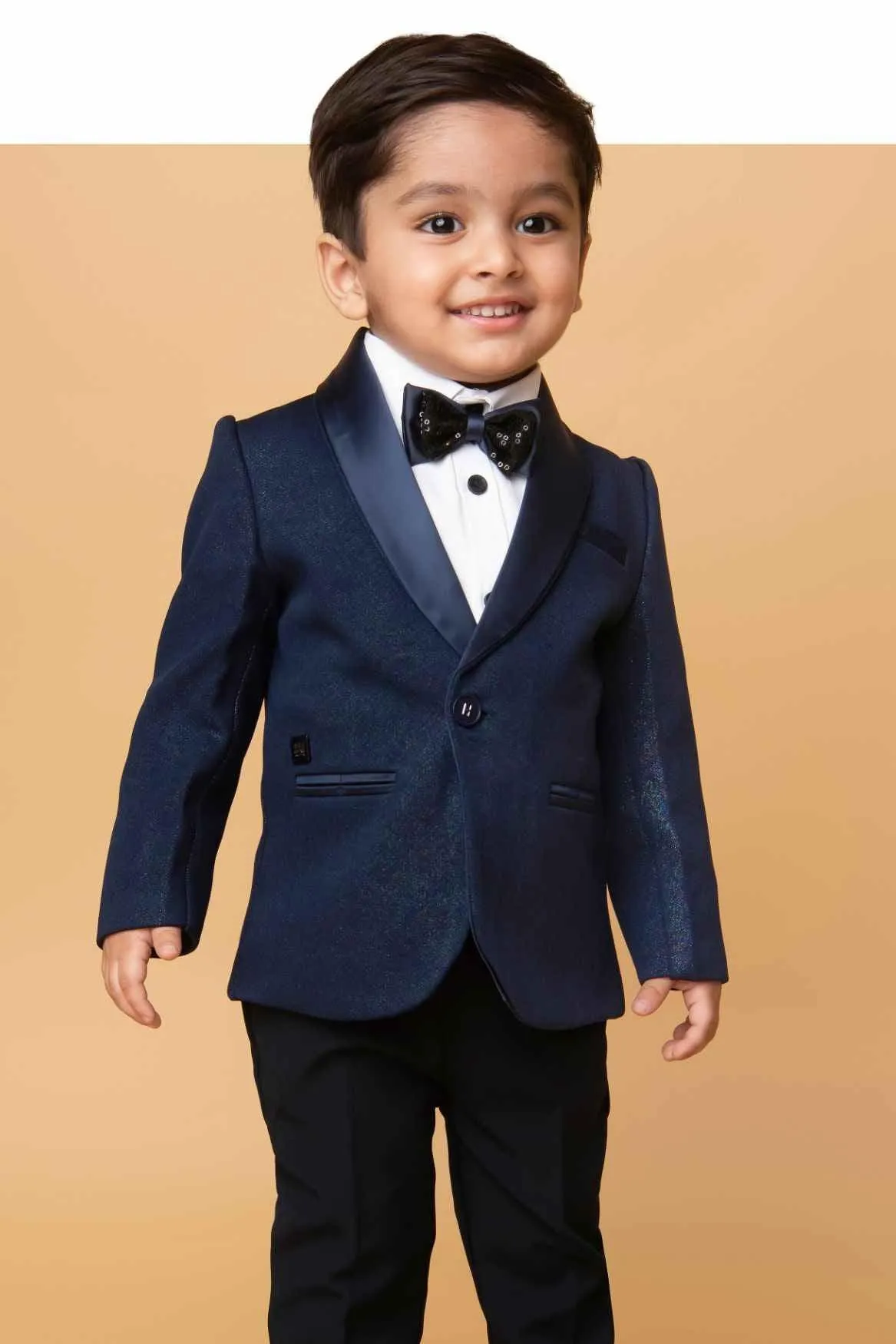 Little Collar's Navy Blue Tuxedo Suit With Bow For Boys