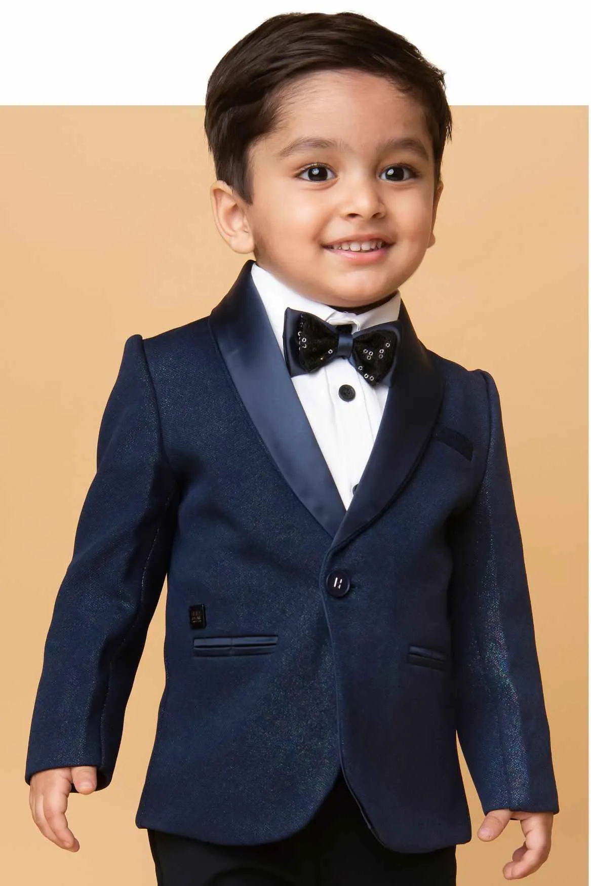 Little Collar's Navy Blue Tuxedo Suit With Bow For Boys