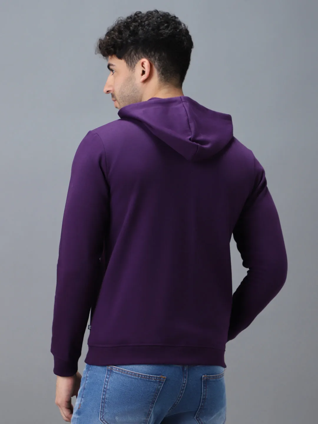 Men's Purple Cotton Solid Zippered Hooded Neck Sweatshirt