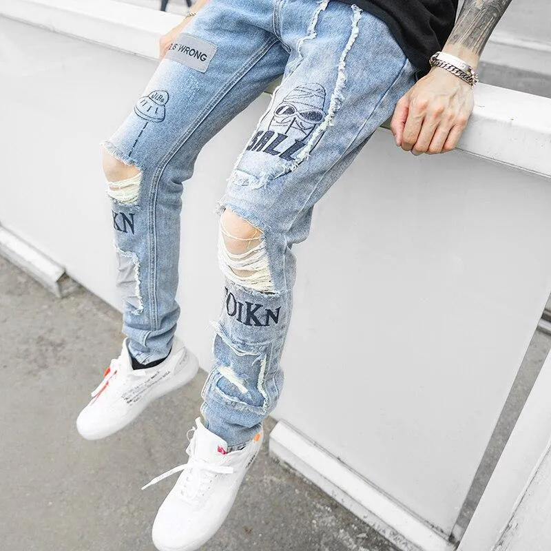Men's Streetwear Letter Print Patchwork distressed Jeans