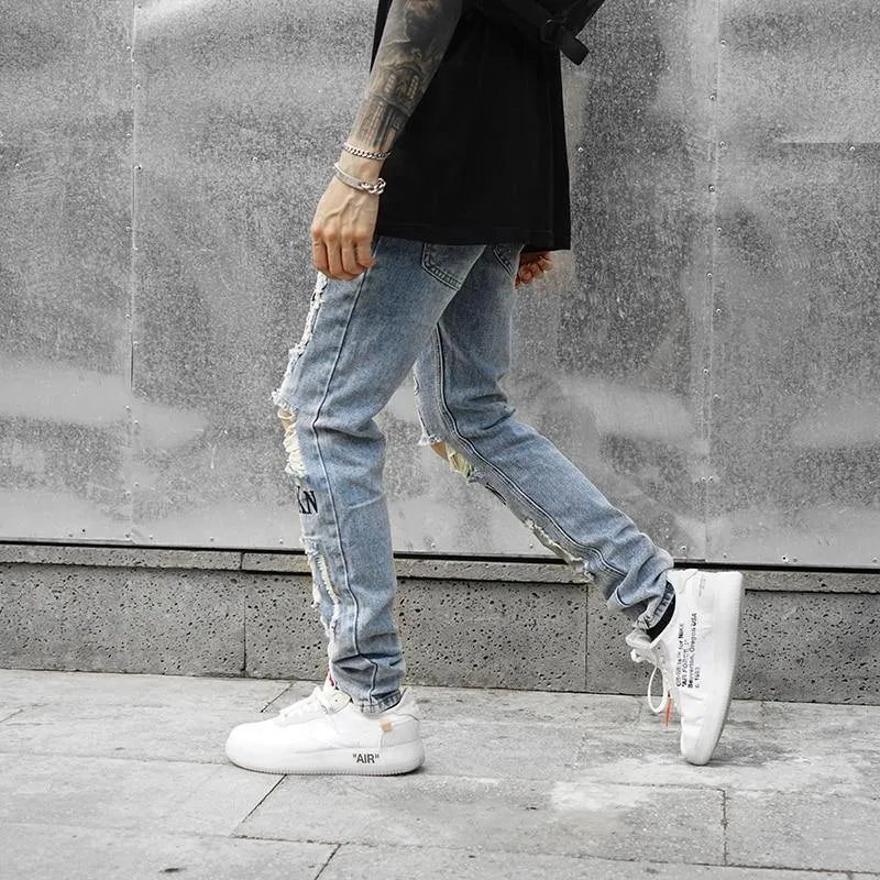 Men's Streetwear Letter Print Patchwork distressed Jeans