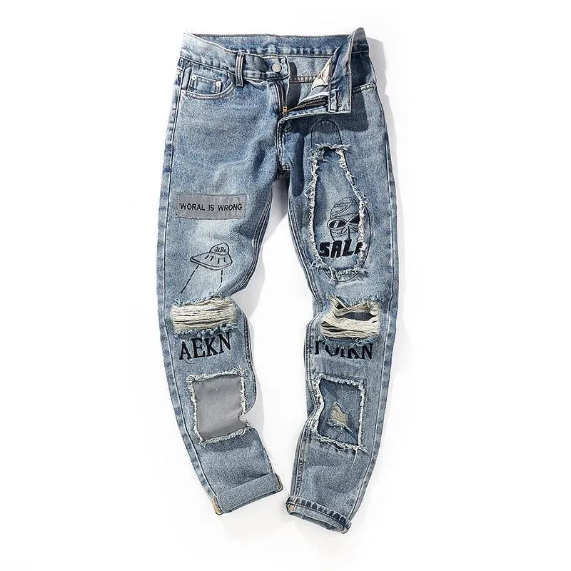 Men's Streetwear Letter Print Patchwork distressed Jeans