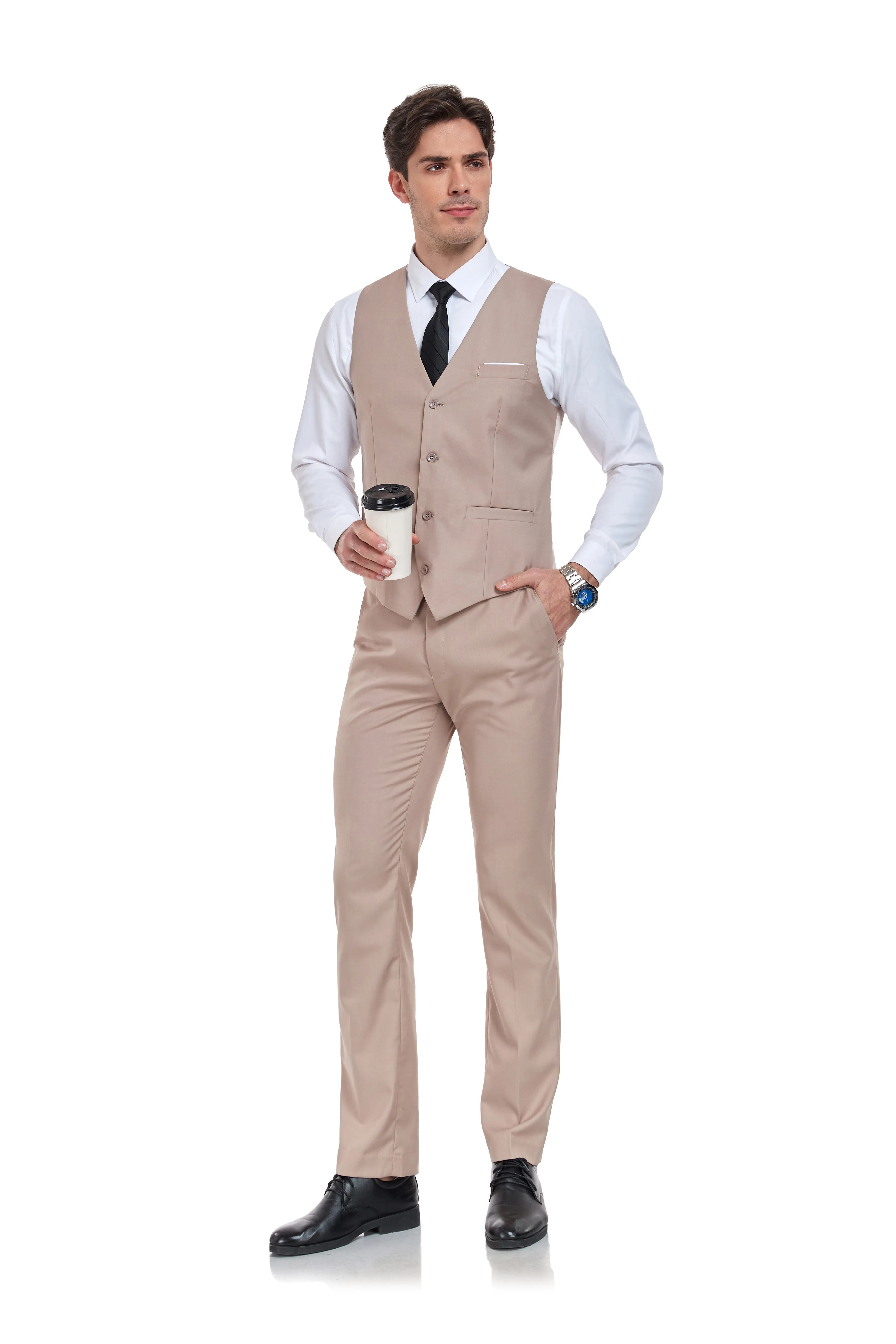 Men's Suits 2 Pieces Vest Pants Set V-Neck Slim Fit Casual Waistcoat Suit