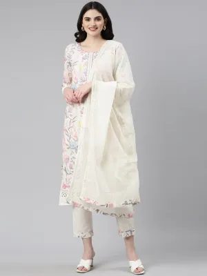 Neeru's Cream Regular Straight Printed Readymade suits