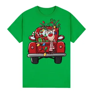 NNEDSZ 100% Cotton Christmas T-shirt Adult Unisex Tee Tops Funny Santa Party Custume, Car with Reindeer (Green), L