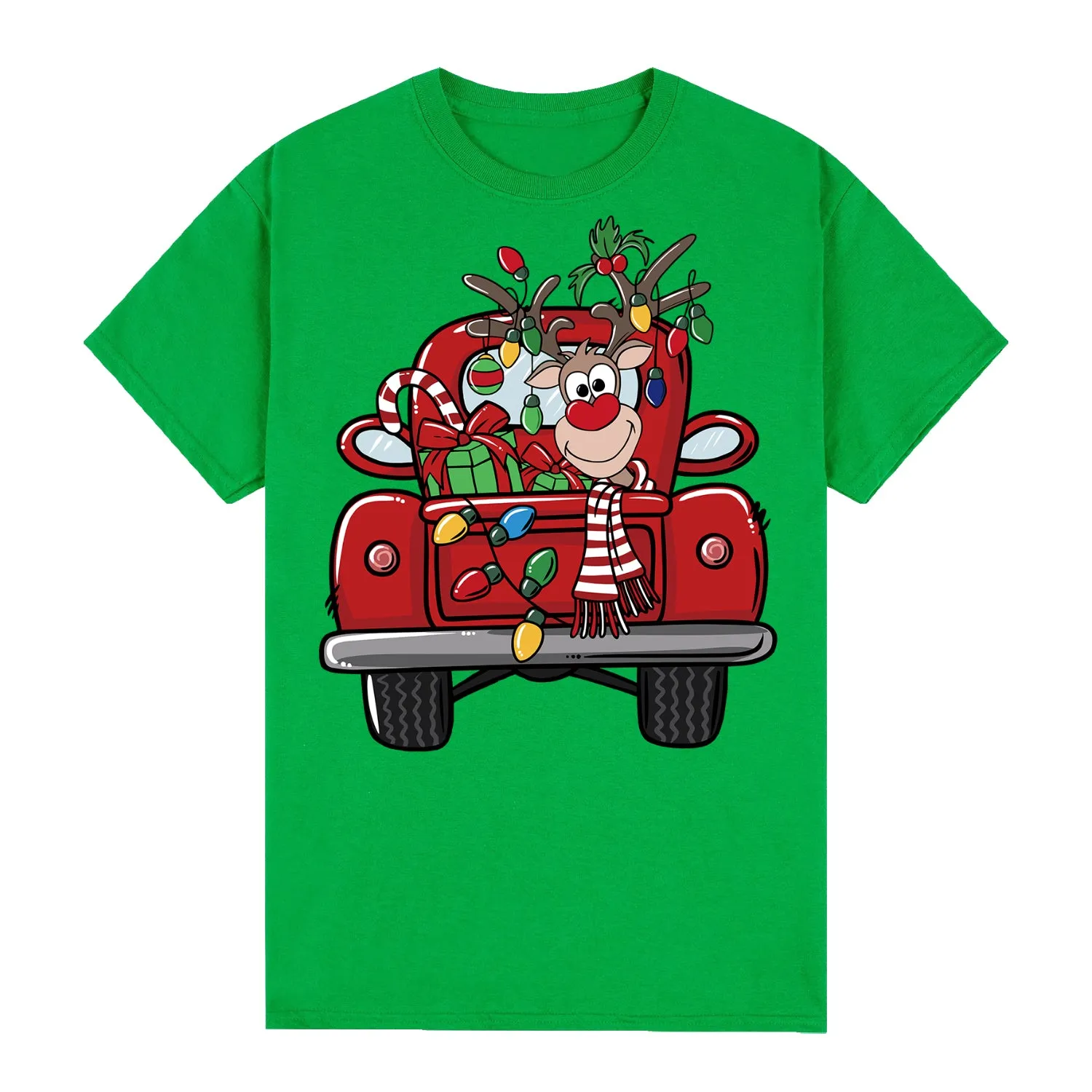 NNEDSZ 100% Cotton Christmas T-shirt Adult Unisex Tee Tops Funny Santa Party Custume, Car with Reindeer (Green), L