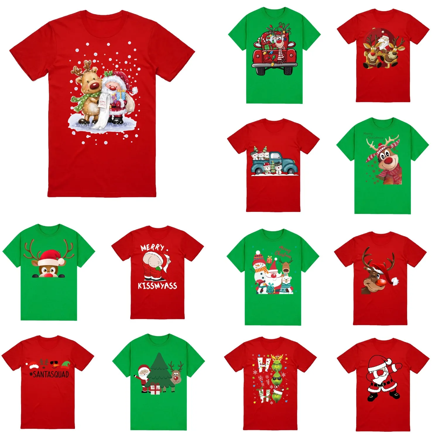 NNEDSZ 100% Cotton Christmas T-shirt Adult Unisex Tee Tops Funny Santa Party Custume, Car with Reindeer (Green), L