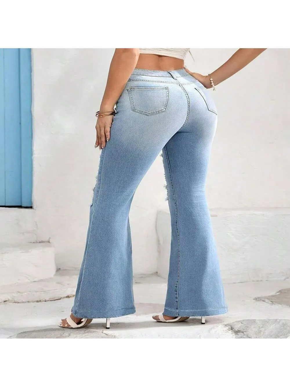 Plus Size Women's Washed Blue Flared Leg Denim Jeans, Casual Style With Zipper And Button Closure, Stylish Women's Clothing