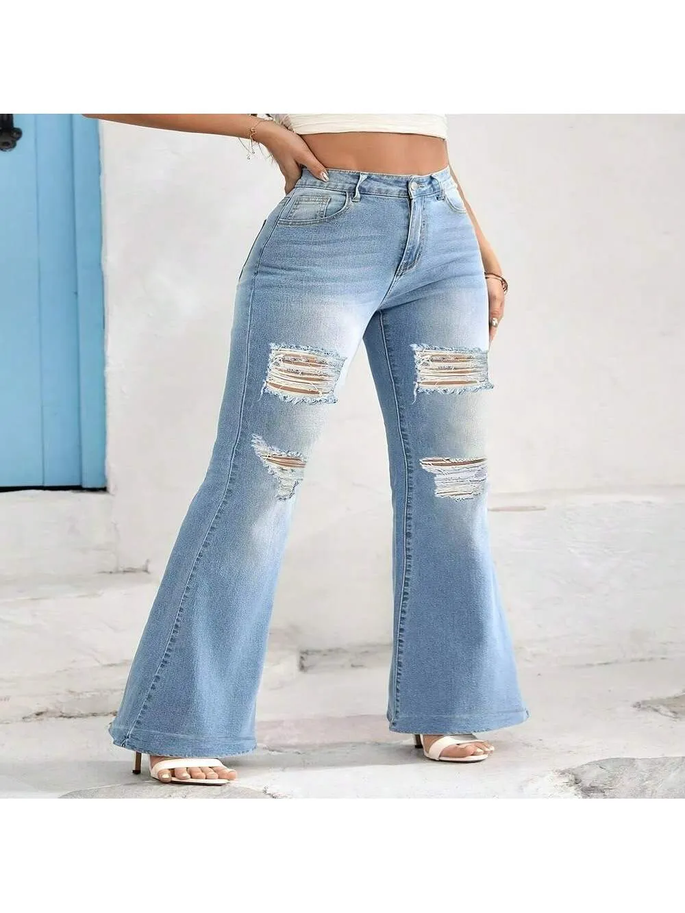 Plus Size Women's Washed Blue Flared Leg Denim Jeans, Casual Style With Zipper And Button Closure, Stylish Women's Clothing