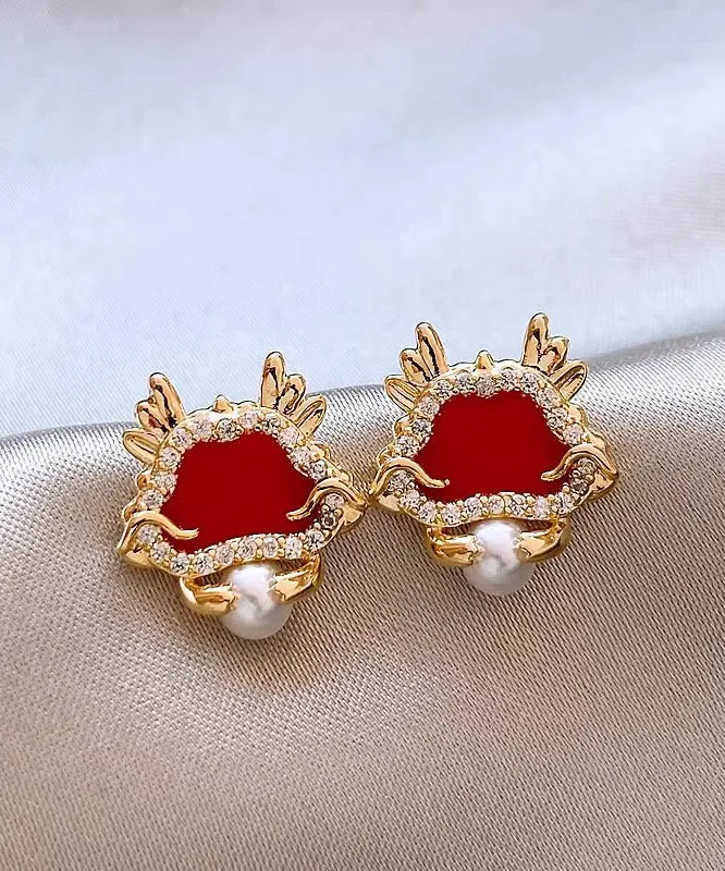 Retro Red Sterling Silver Overgild Zircon Pearl Stud Earrings WH052