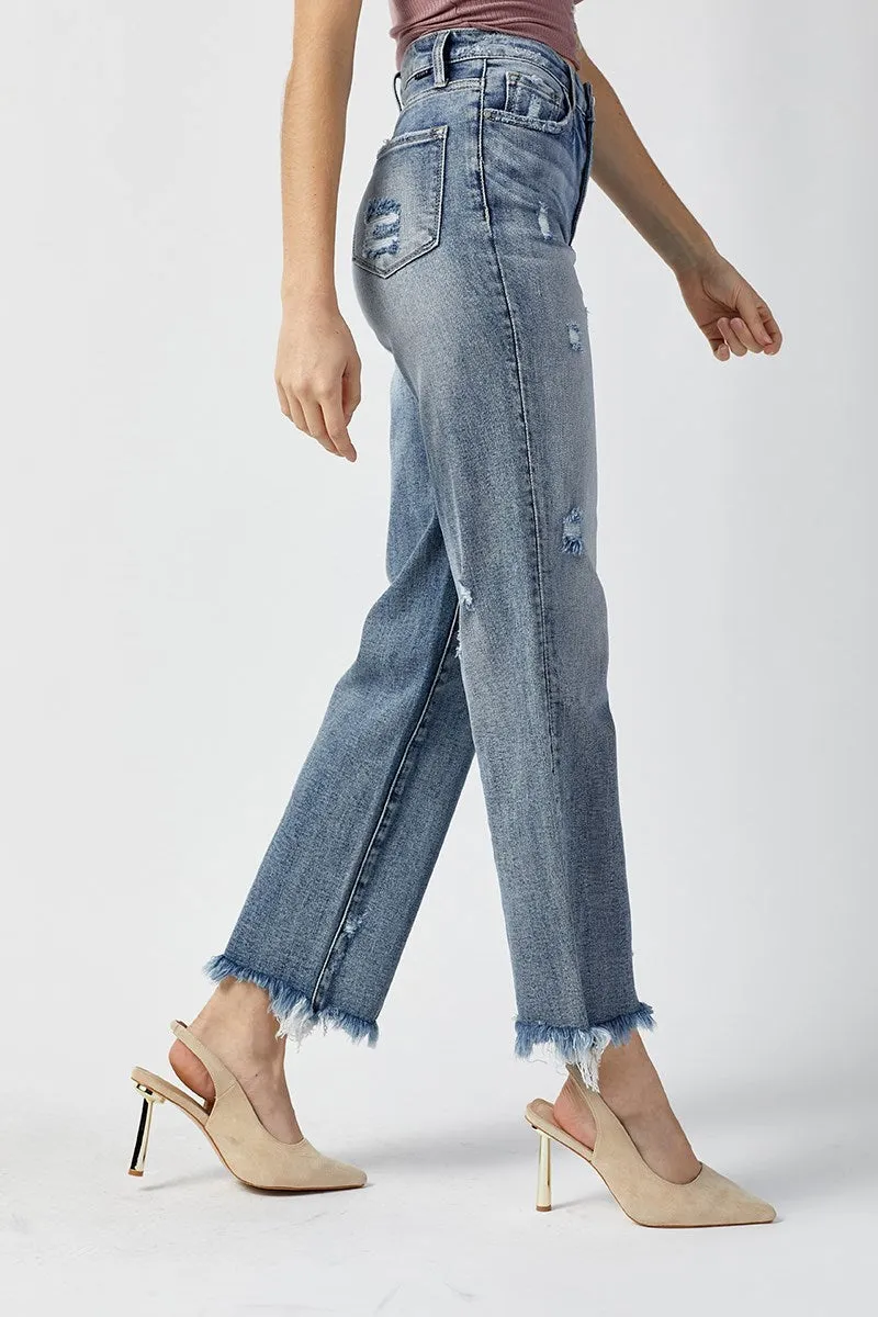 Risen High Rise Straight-Frayed Hem Jeans in Light