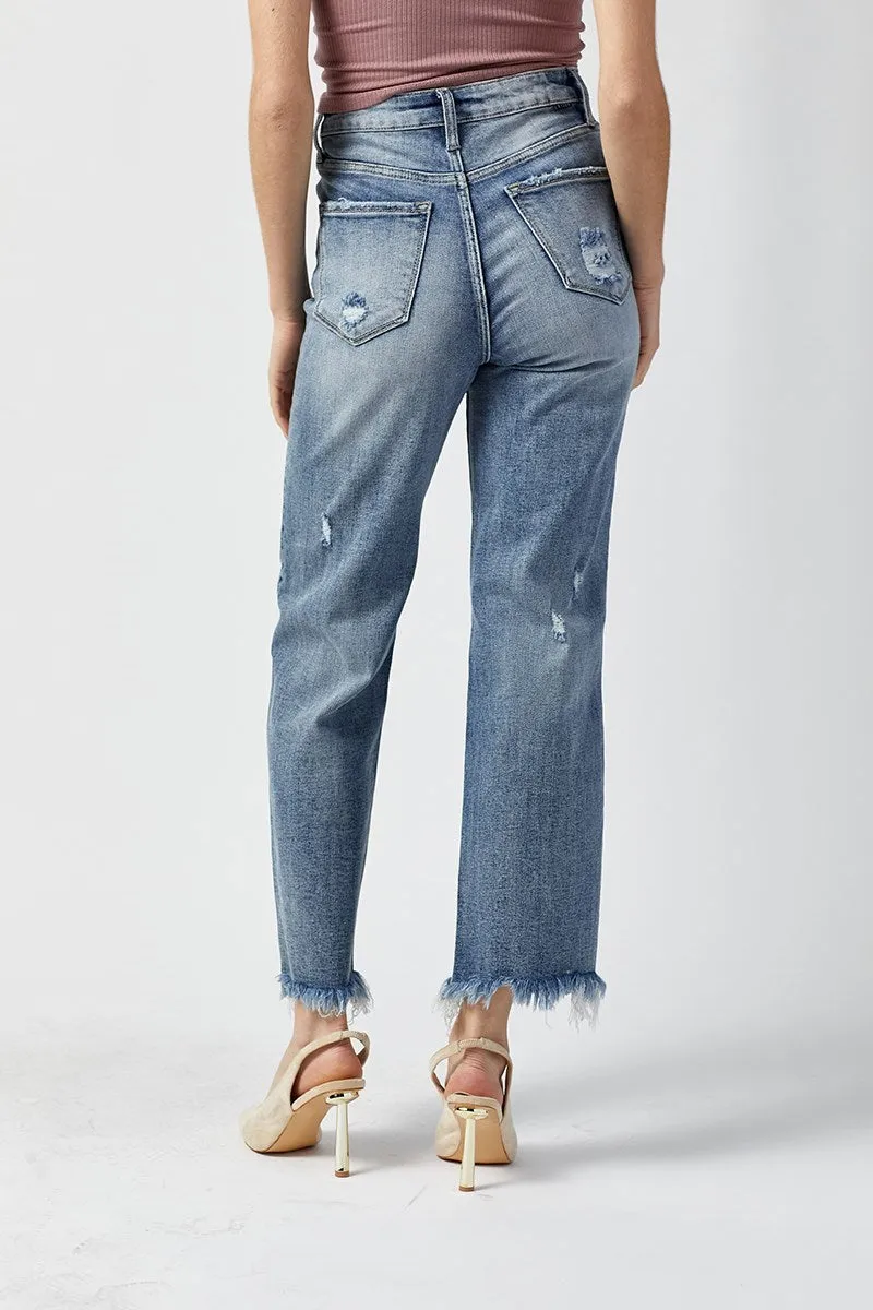 Risen High Rise Straight-Frayed Hem Jeans in Light