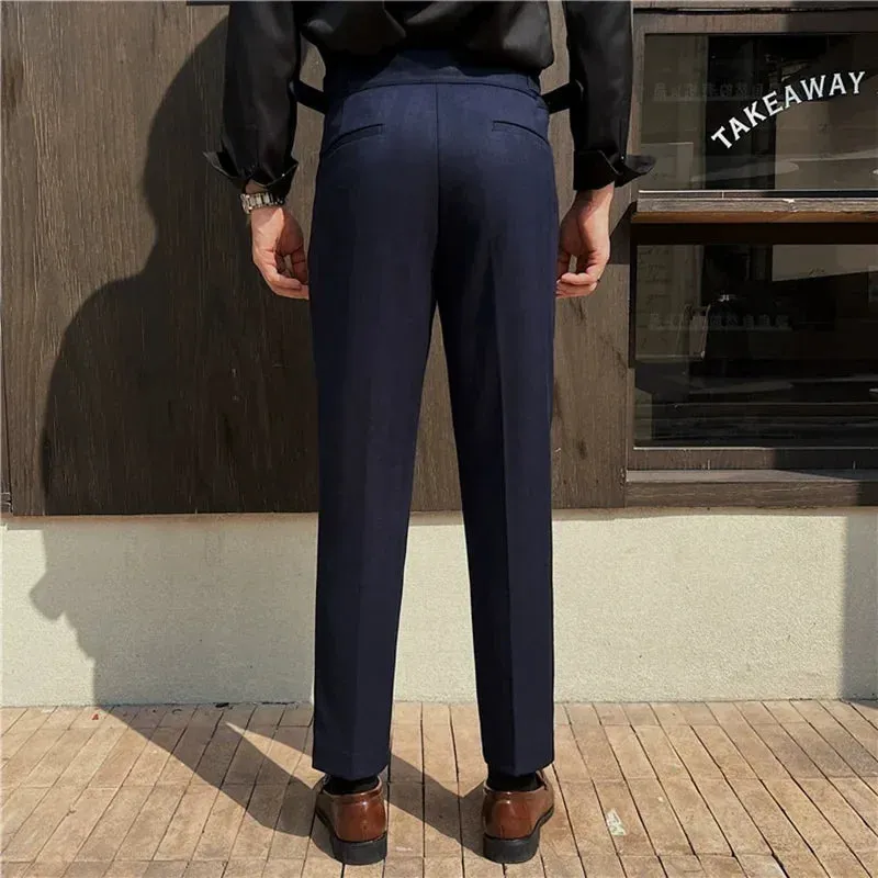 Solid High Waist Double-Blade Fitted Trousers
