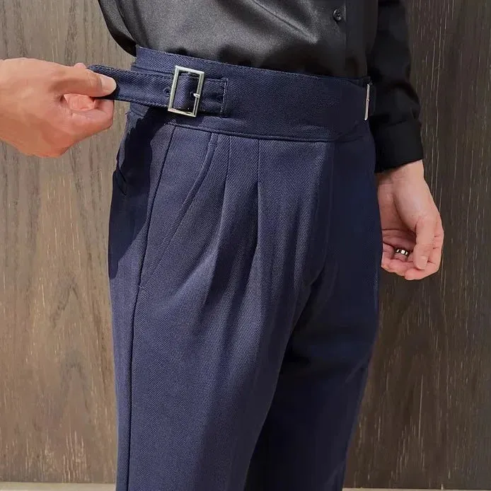 Solid High Waist Double-Blade Fitted Trousers