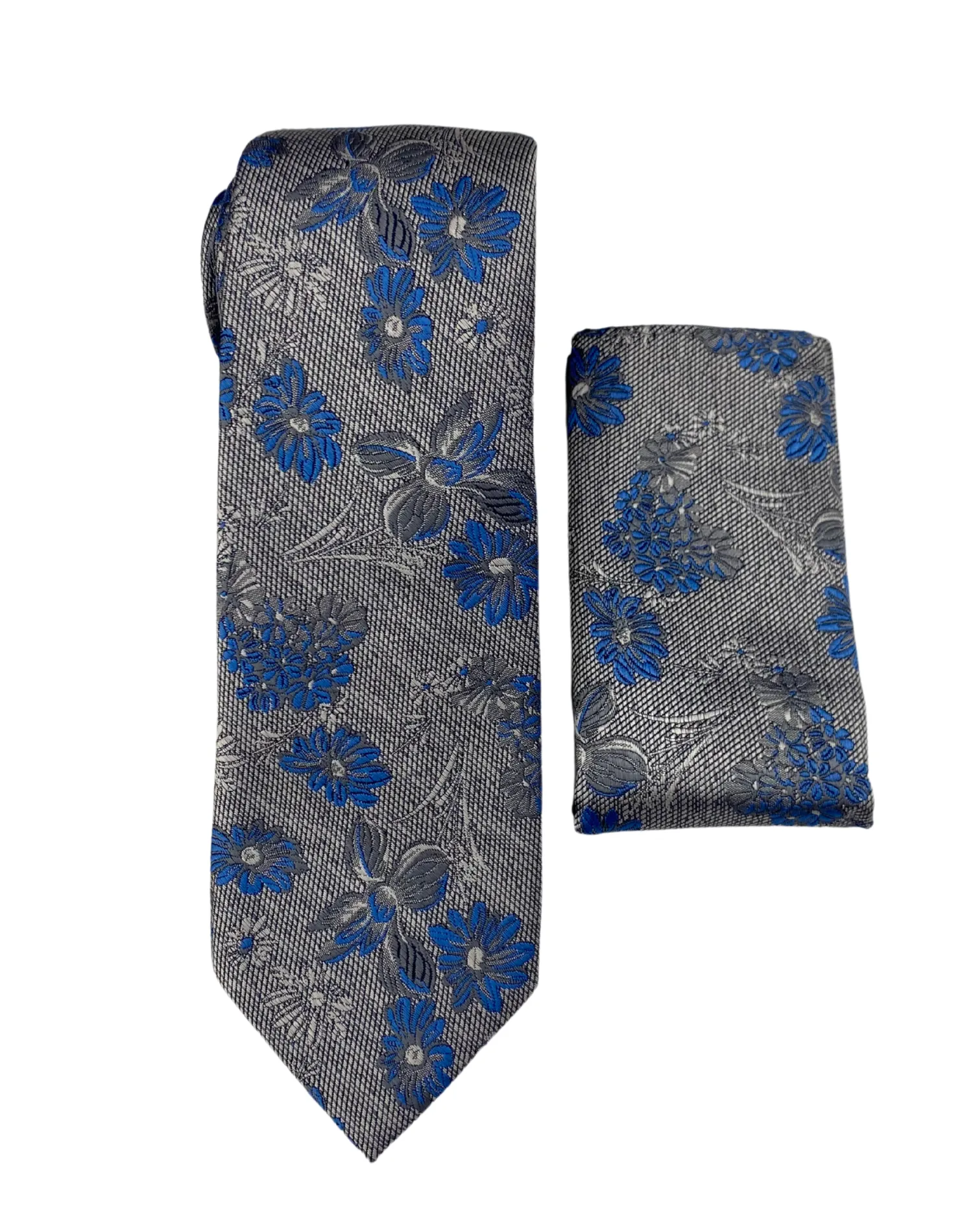 Stacy Adams Floral Tie and Handkerchief - Gray & Blue