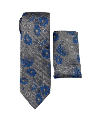 Stacy Adams Floral Tie and Handkerchief - Gray & Blue